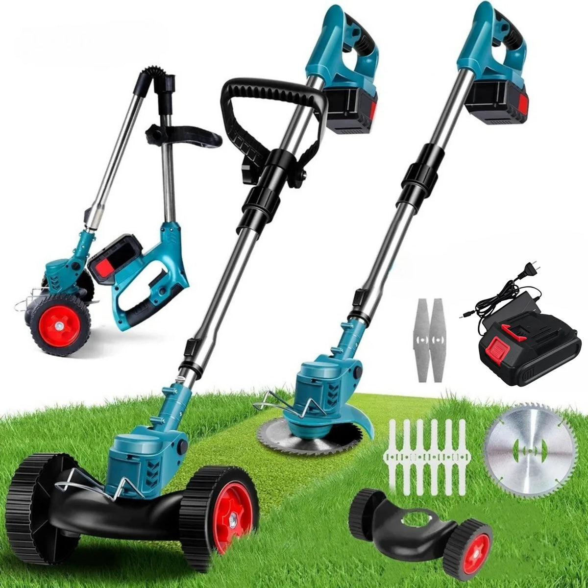 Cordless & Foldable Grass Trimmer 21V - Adjustable Height, Wheels & 3 Blade Types