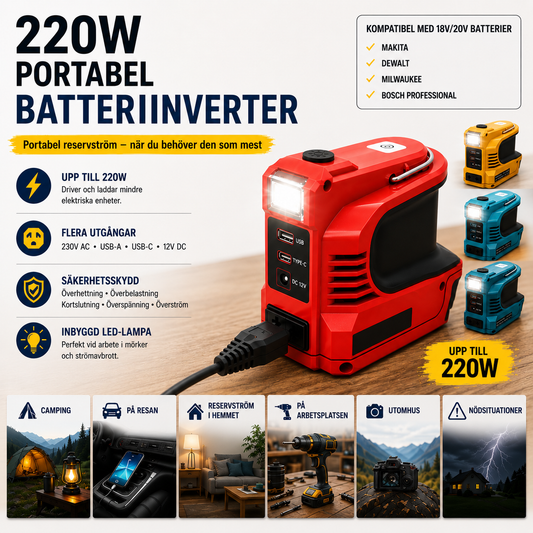 Portable Battery Inverter 220W - Backup power for Makita, DeWalt, Milwaukee and Bosch
