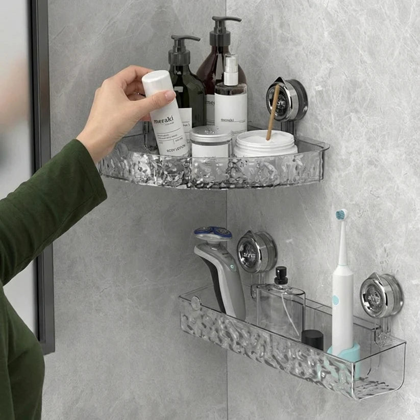 Bathroom corner shelf with suction cups