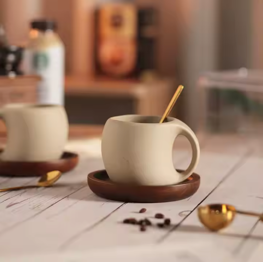 Exclusive Ceramic Cup with Wooden Saucer - 250 ml