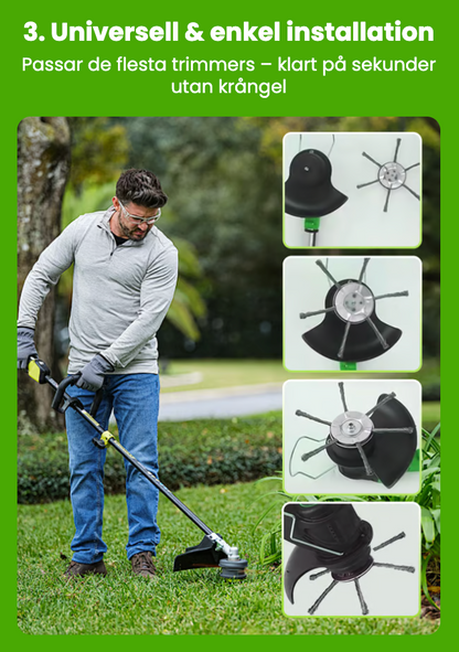 Universal steel brush head for efficient trimming of the garden
