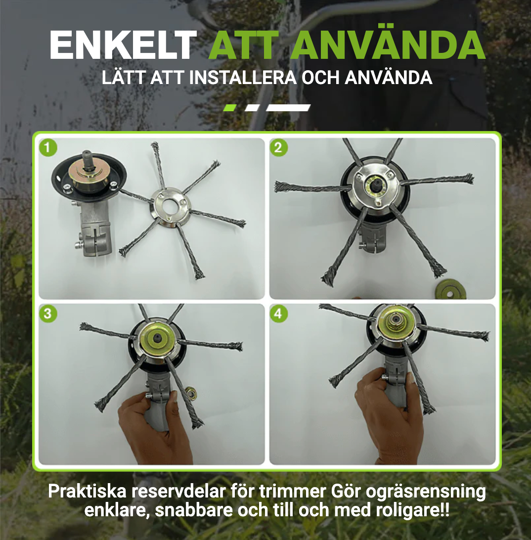 Universal steel brush head for efficient trimming of the garden
