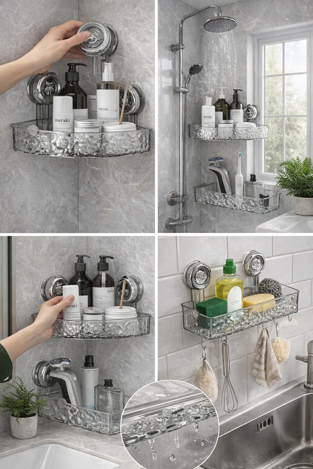 Bathroom corner shelf with suction cups