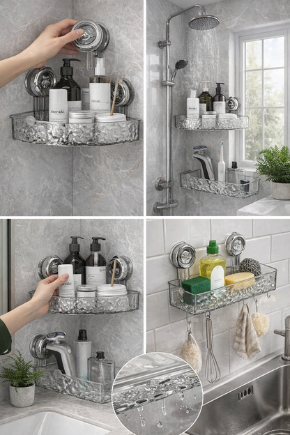 Bathroom corner shelf with suction cups