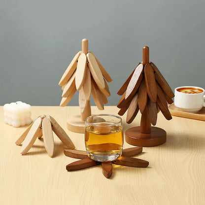 Scandinavian Walnut Set – Wooden Coasters with Stand (3-pack)