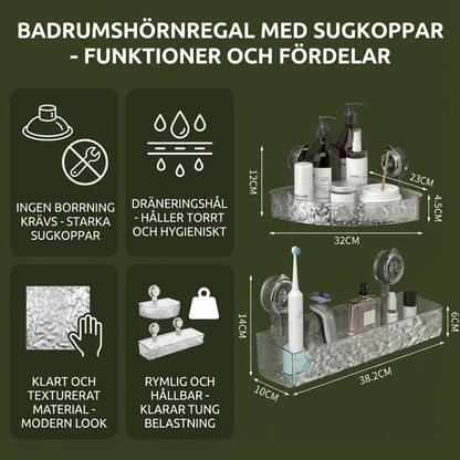 Bathroom corner shelf with suction cups