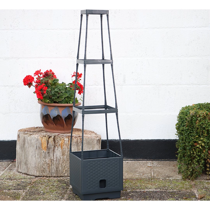Self-watering planter tower with trellis - for flowers and climbing plants
