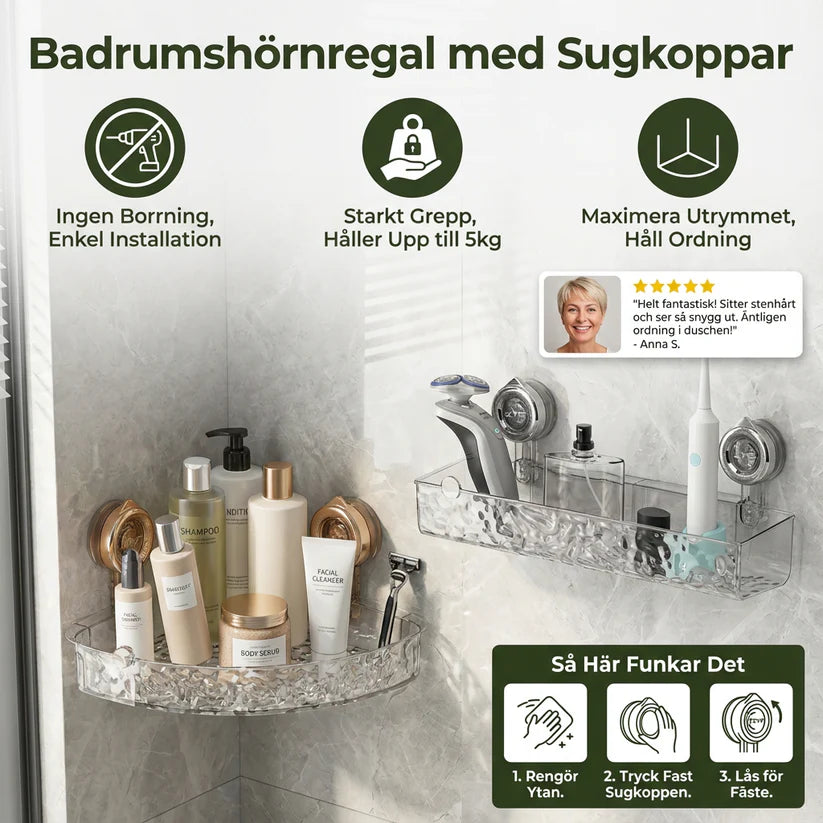 Bathroom corner shelf with suction cups