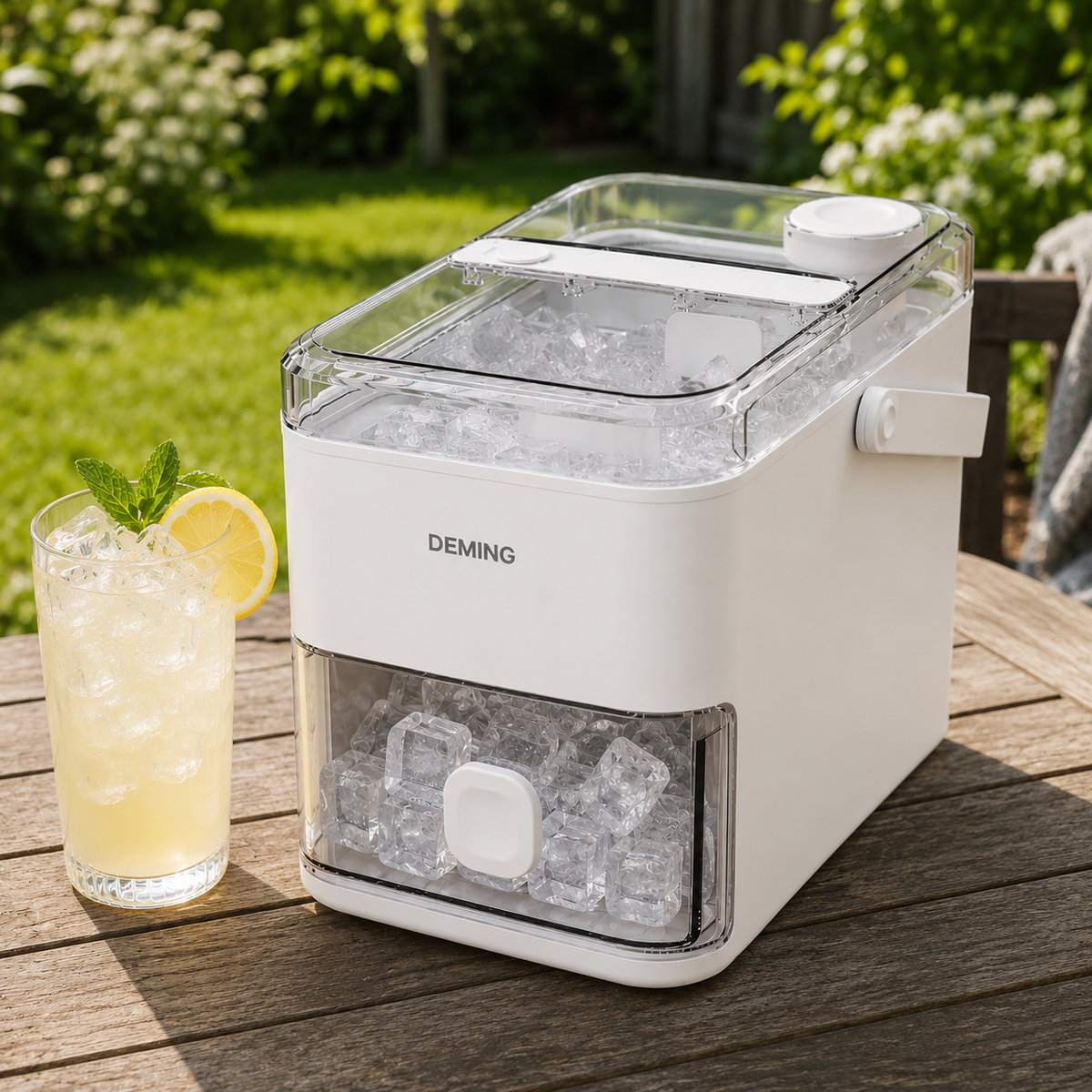 Smart ice container with lid and ice scoop