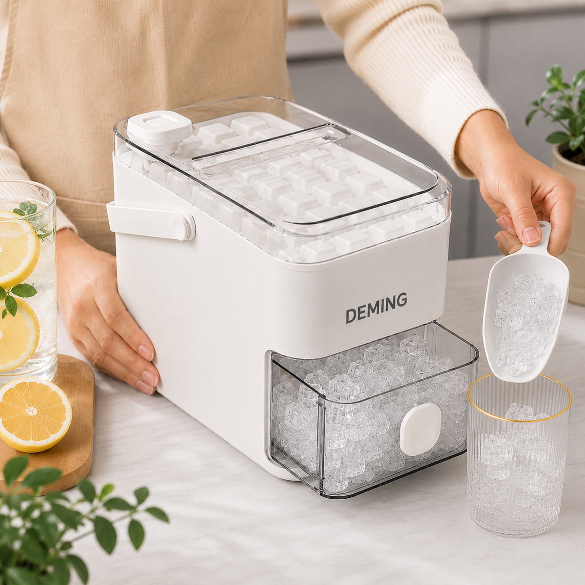 Smart ice container with lid and ice scoop