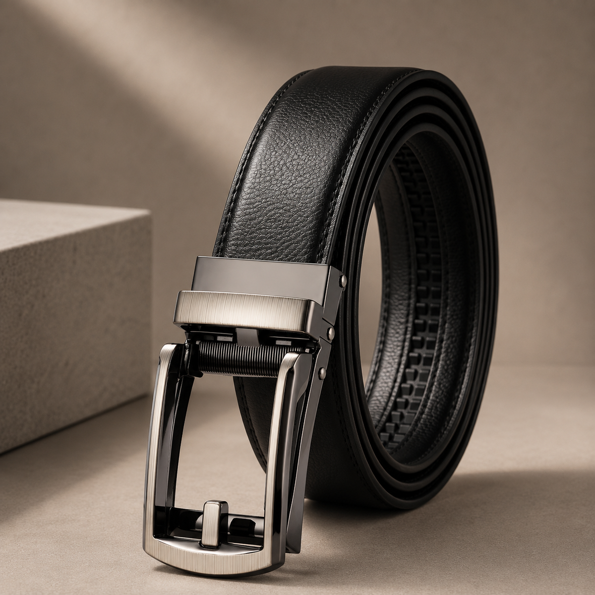 Classic leather belt with automatic buckle