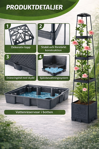 Self-watering planter tower with trellis - for flowers and climbing plants