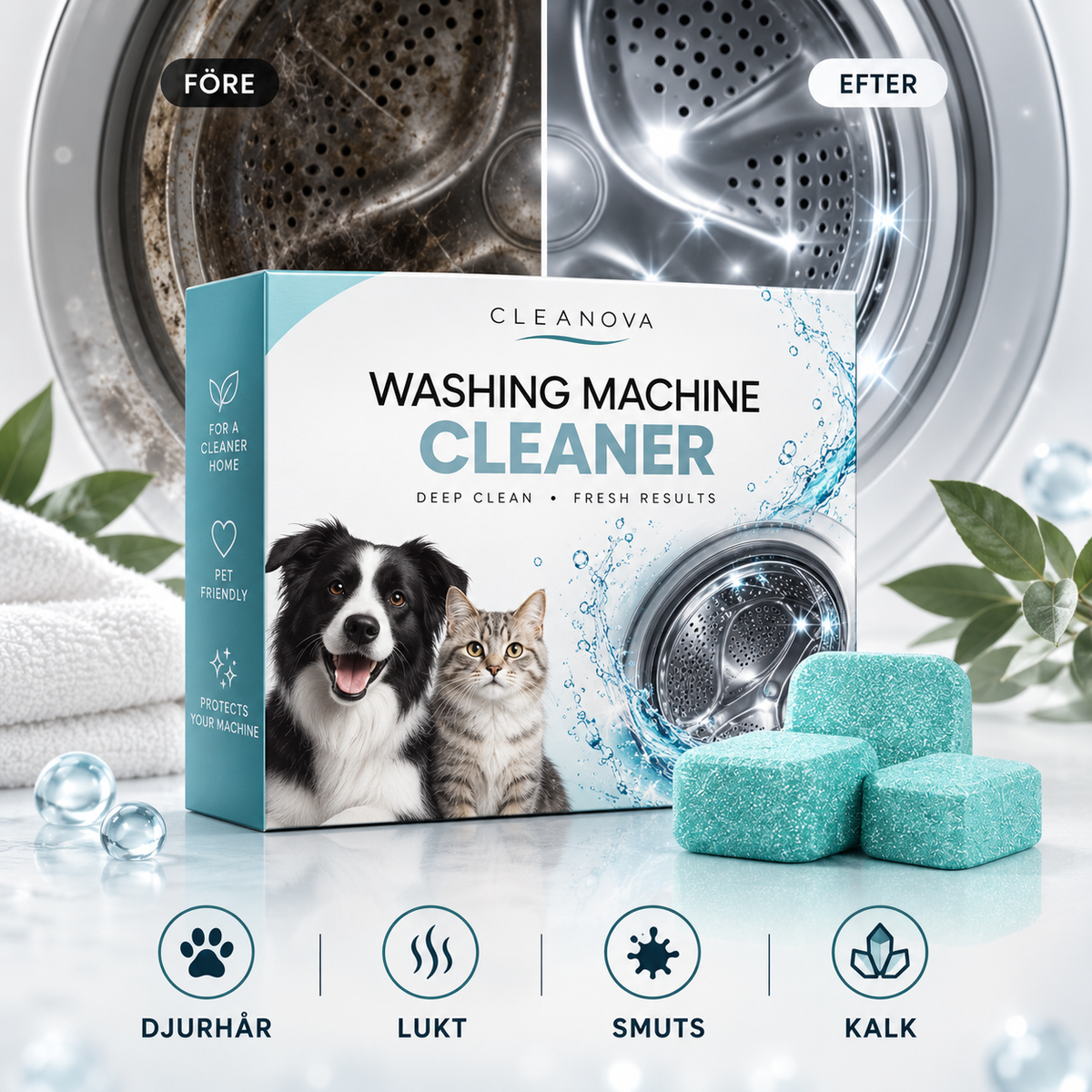Cleaning tablets for washing machines - against dirt, odors, limescale and animal hair