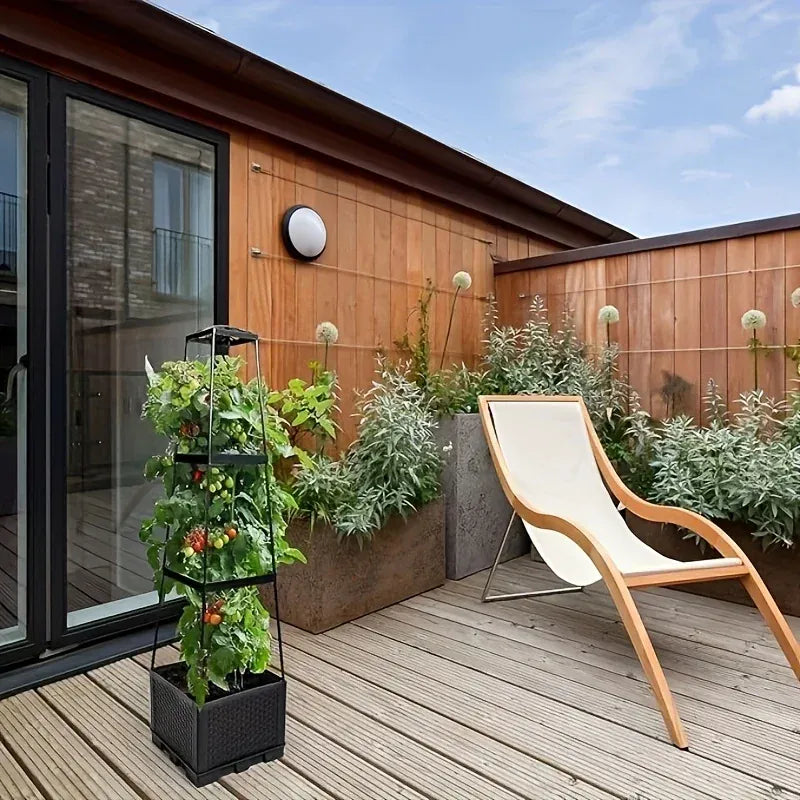 Self-watering planter tower with trellis - for flowers and climbing plants