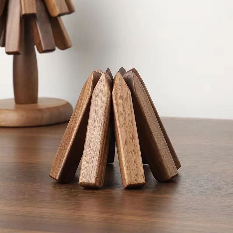 Scandinavian Walnut Set – Wooden Coasters with Stand (3-pack)
