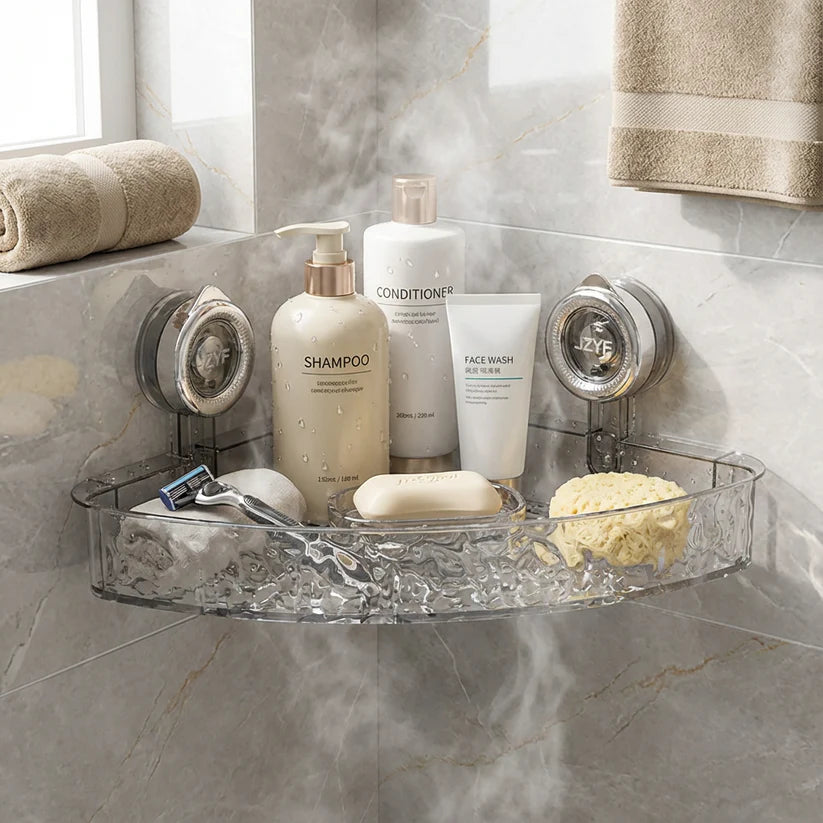 Bathroom corner shelf with suction cups