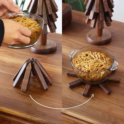 Scandinavian Walnut Set – Wooden Coasters with Stand (3-pack)