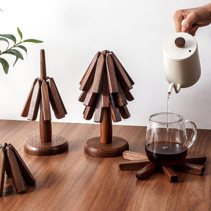 Scandinavian Walnut Set – Wooden Coasters with Stand (3-pack)