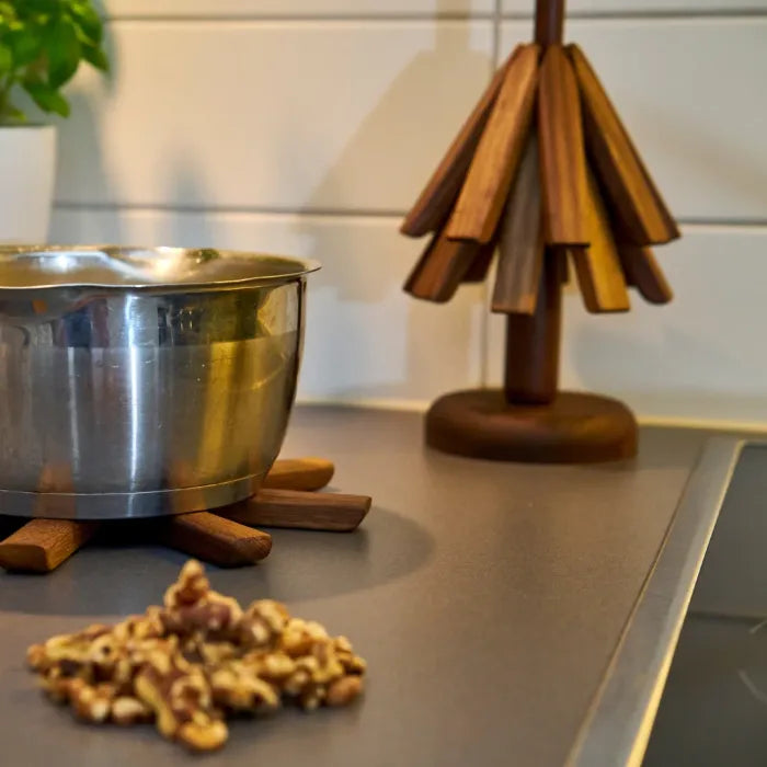 Scandinavian Walnut Set – Wooden Coasters with Stand (3-pack)