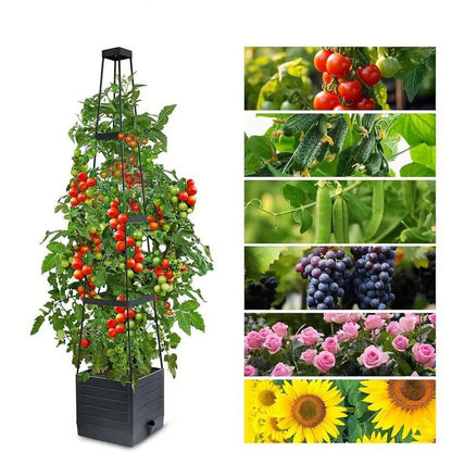 Self-watering planter tower with trellis - for flowers and climbing plants