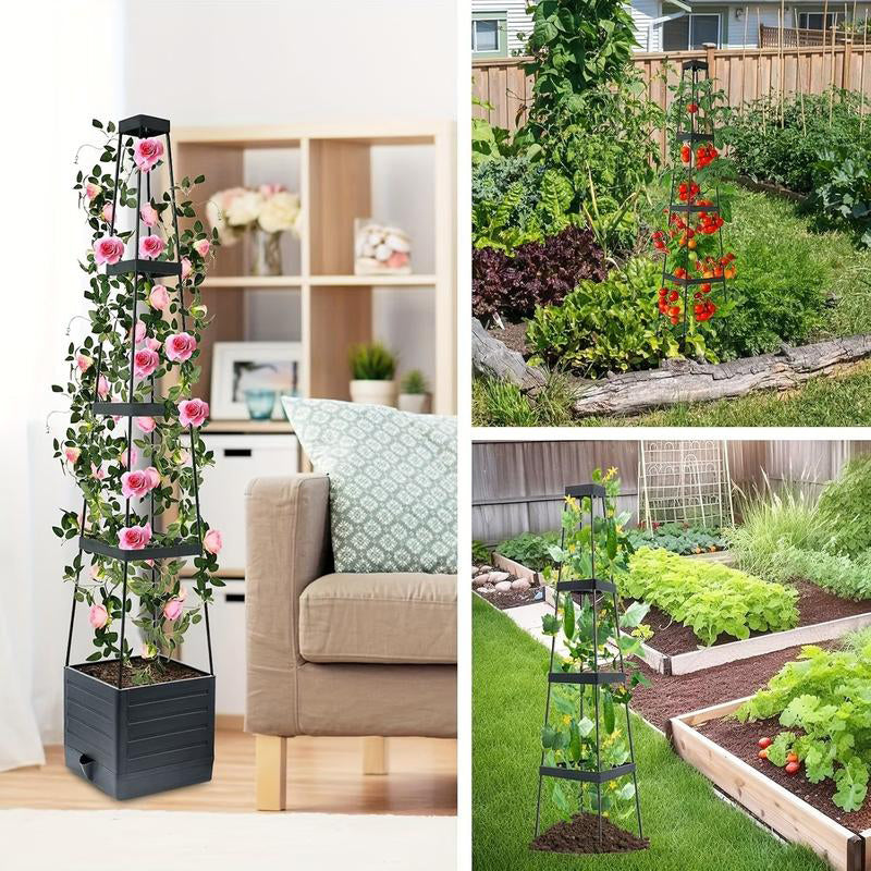 Self-watering planter tower with trellis - for flowers and climbing plants