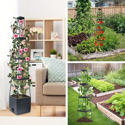 Self-watering planter tower with trellis - for flowers and climbing plants