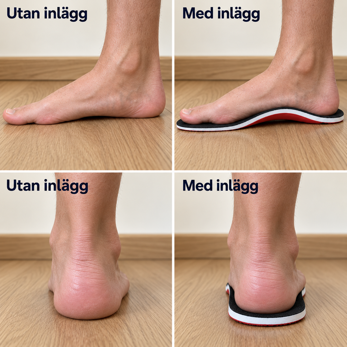 Samma fot från sidan och bakifrån utan respektive med skoinlägg